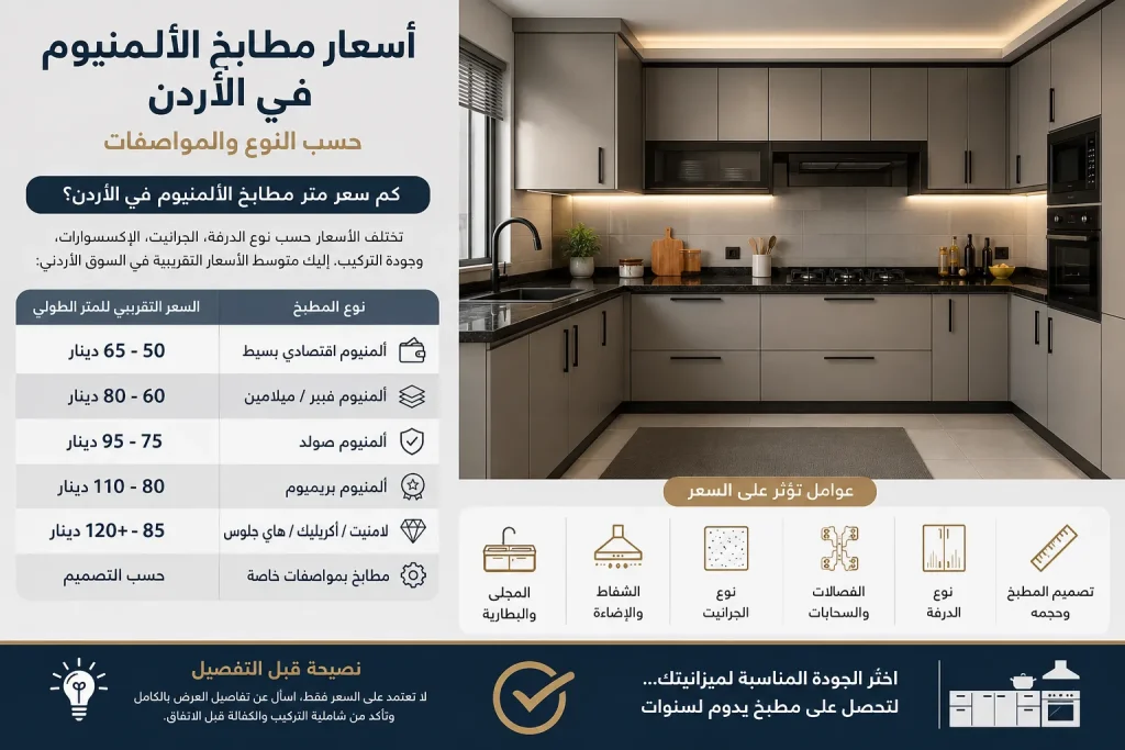 مقارنة أنواع مطابخ الألمنيوم في الأردن حسب السعر والمواصفات.