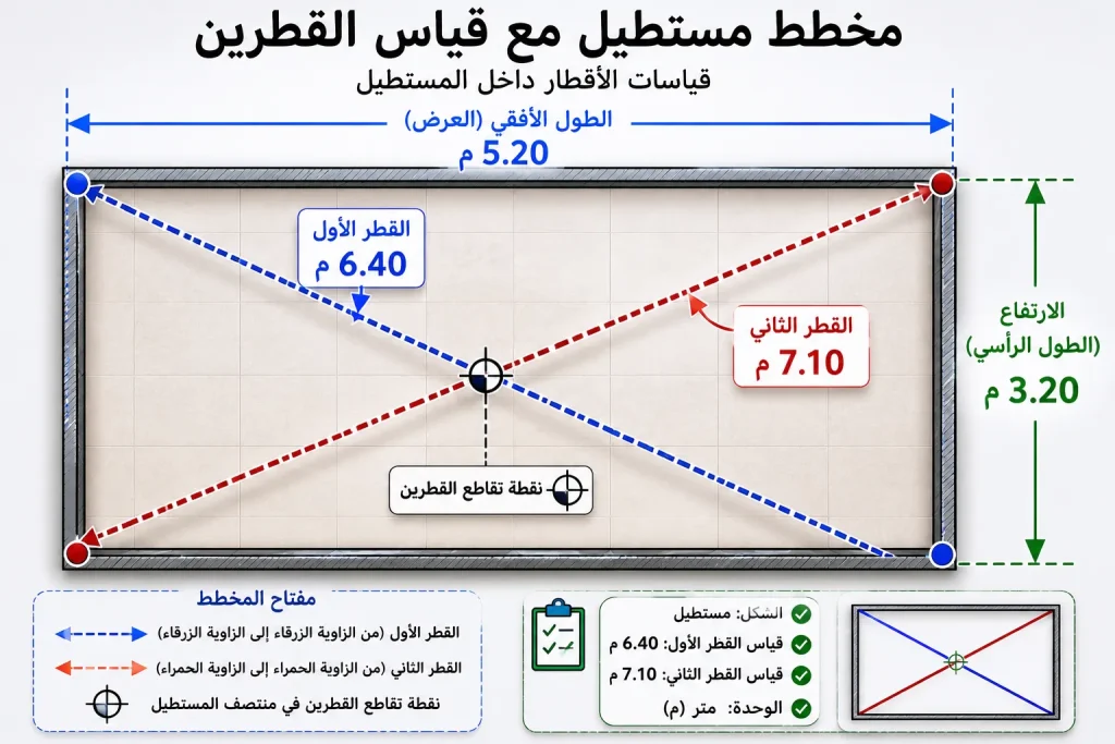 مخطط مستطيل بداخله خطان قطريان متقاطعان، مع تدوين قياس كل قطر.