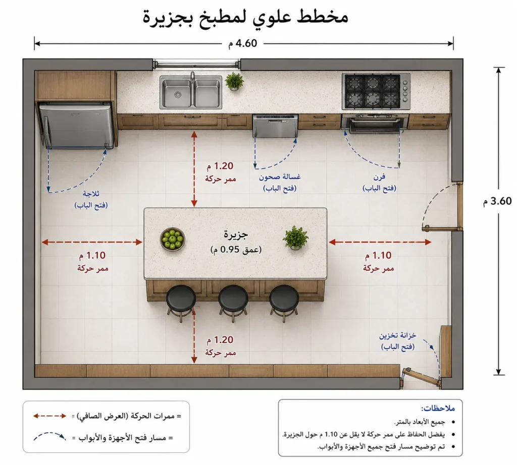 مخطط علوي لمطبخ بجزيرة، مع أسهم توضّح الممرات ومسارات فتح الأجهزة.