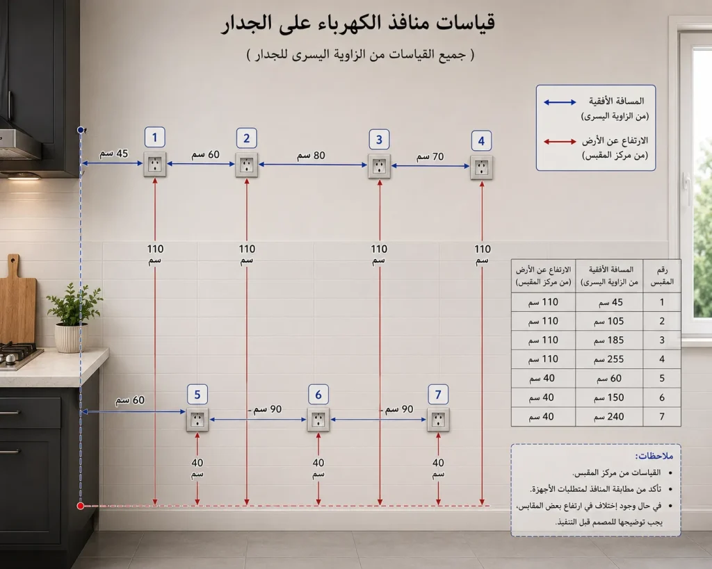 جدار مطبخ عليه عدة مقابس، وكل مقبس مرقّم ومتصل بقياس أفقي ورأسي.