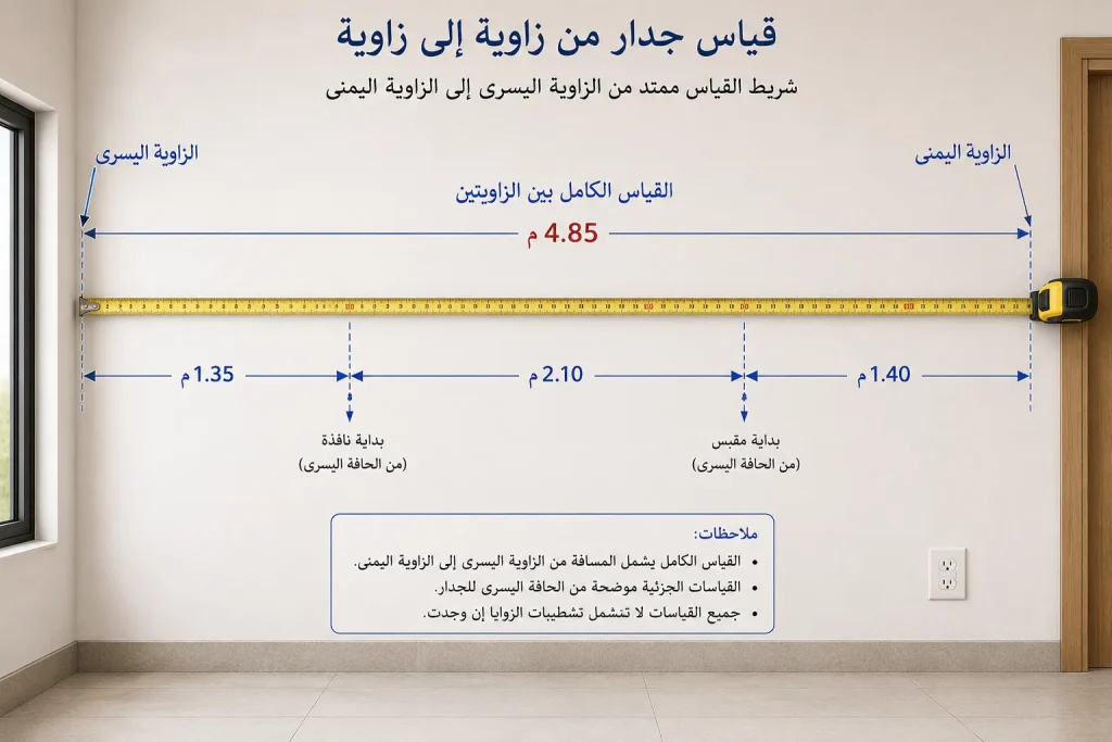 شريط قياس ممتد من زاوية الجدار إلى الزاوية الأخرى، مع أسهم توضح القياس الكامل والقياسات الجزئية.