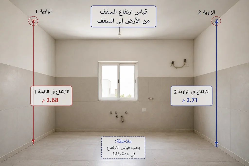 شريط قياس ممتد من زاوية الجدار إلى الزاوية الأخرى، مع أسهم توضح القياس الكامل والقياسات الجزئية.