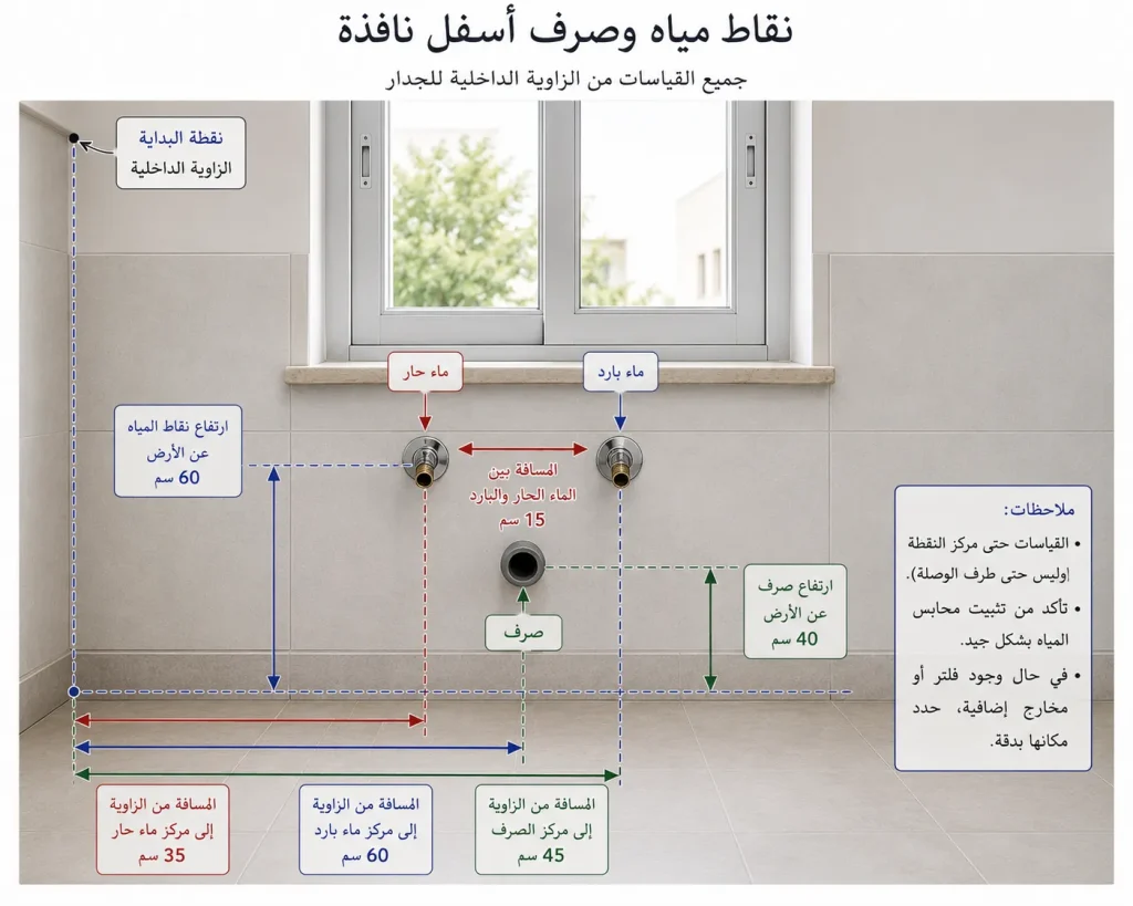 نقاط مياه وصرف أسفل نافذة، مع أسهم توضّح الارتفاع والمسافة من الزاوية.