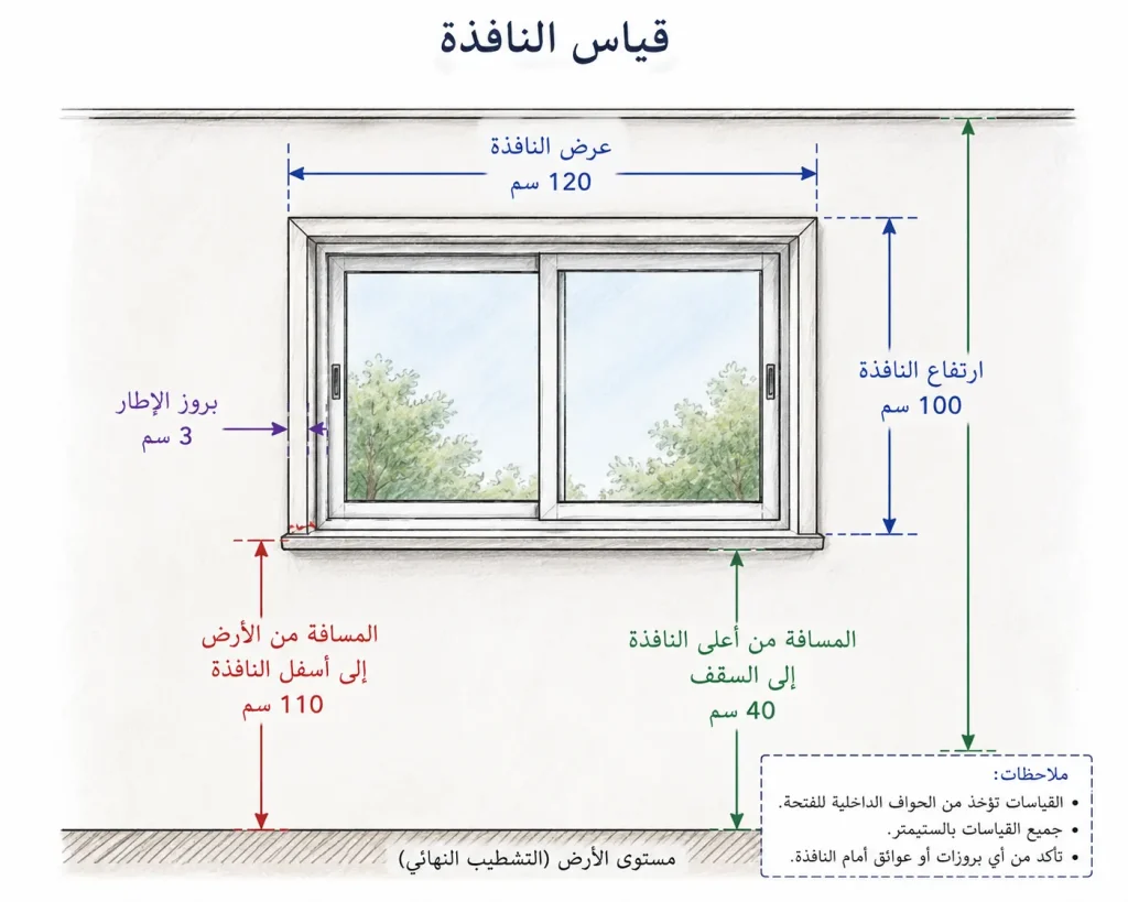 نافذة مع أسهم أفقية ورأسية توضّح العرض والارتفاع والمسافة من الأرض.