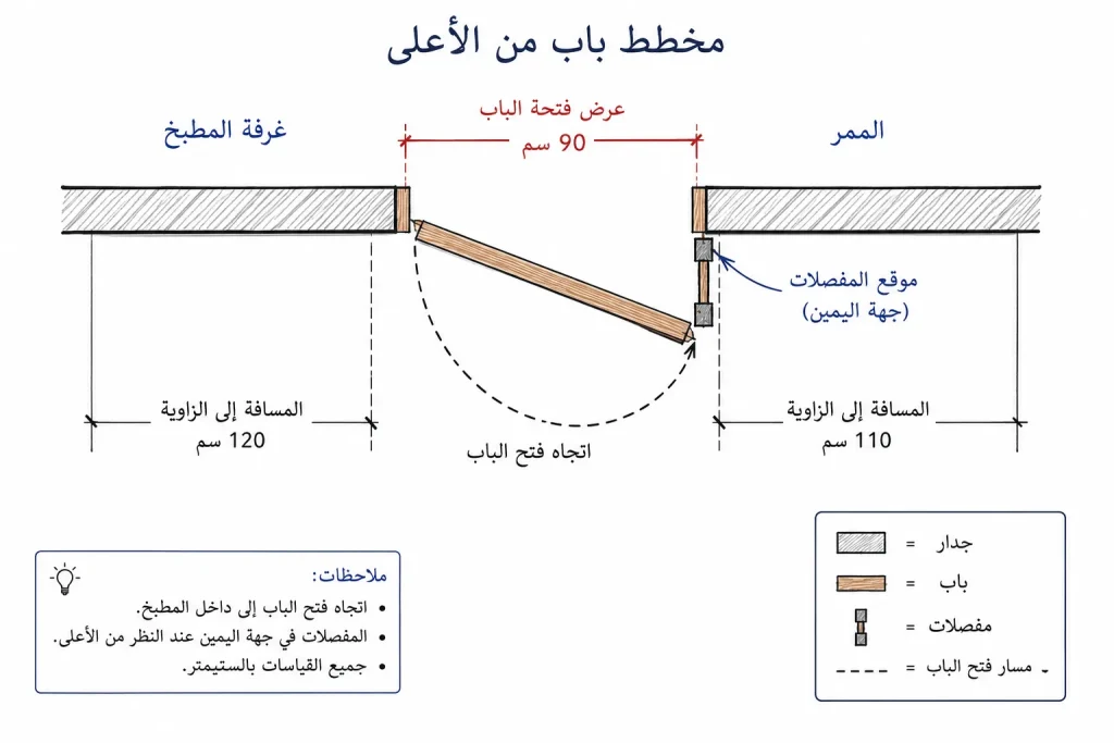 باب مرسوم من الأعلى مع قوس يوضح اتجاه الفتح وموقع المفصلات.